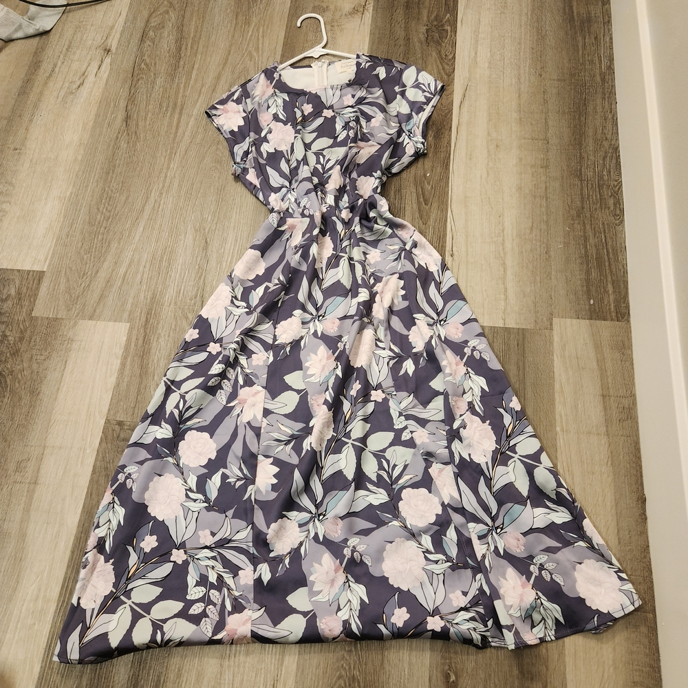 Böhme Floral Midi Dress Women's Medium Purple Pink Short Sleeve Smocked Waist - Picture 3 of 14